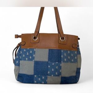 Bueno Blue and Brown Patchwork Shoulder Bag